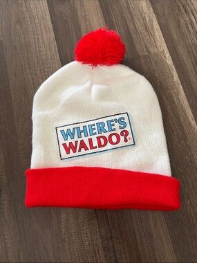 Where's Waldo? white and red beanie with pom pom